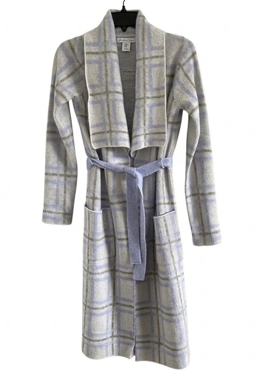 London Kaye Sweaters - London Kaye Long Plaid Belted Cozy Cardigan Blue Grey XS